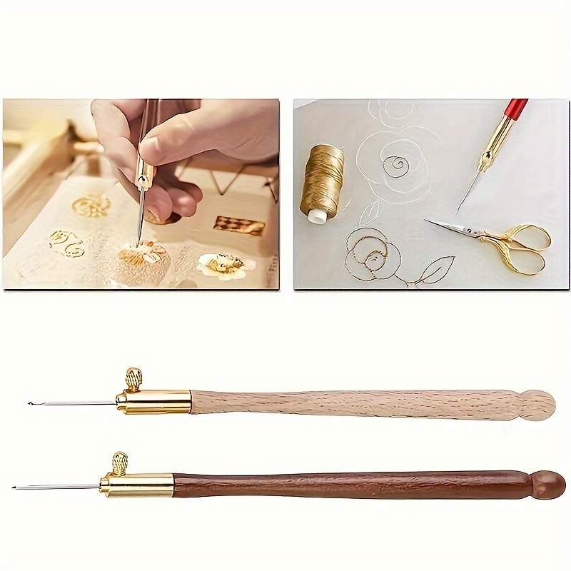 

elegant Embroidery" French Reverse Embroidery Crochet Hook Set With Wooden Handle - Includes 3 Needles For Flower Beading & Drum Style Crafts