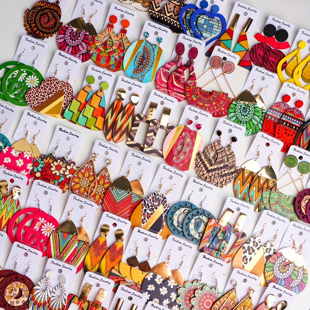 10 Pairs Bohemian Vintage Handmade Wooden Earrings Set