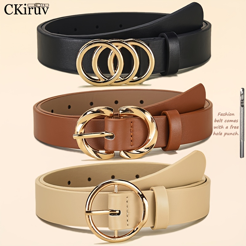 TEMU 3pcs Women' And Versatile Belt Set, Featuring Three-ring, , And Single-ring Alloy Buckles. Designed With Geometric Elements, -color Belts .