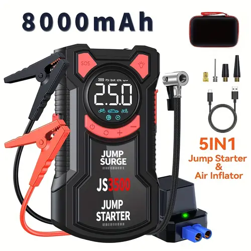 jump starter with air compressor 5 in 1 function jump box 5000a peak 150psi pack with digital tire inflator car battery charger portable for all up to 10l diesel fast charging usb output led emergency lighting