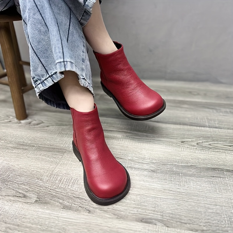 womens genuine leather   boots red casual flat ankle boots with zipper closure   heel rubber sole for fall travel vacation casual attire seasonal fashion footwear sleek boot design durable traction footwear vacation shoes minimalist style sturdy construction travel essentials 5