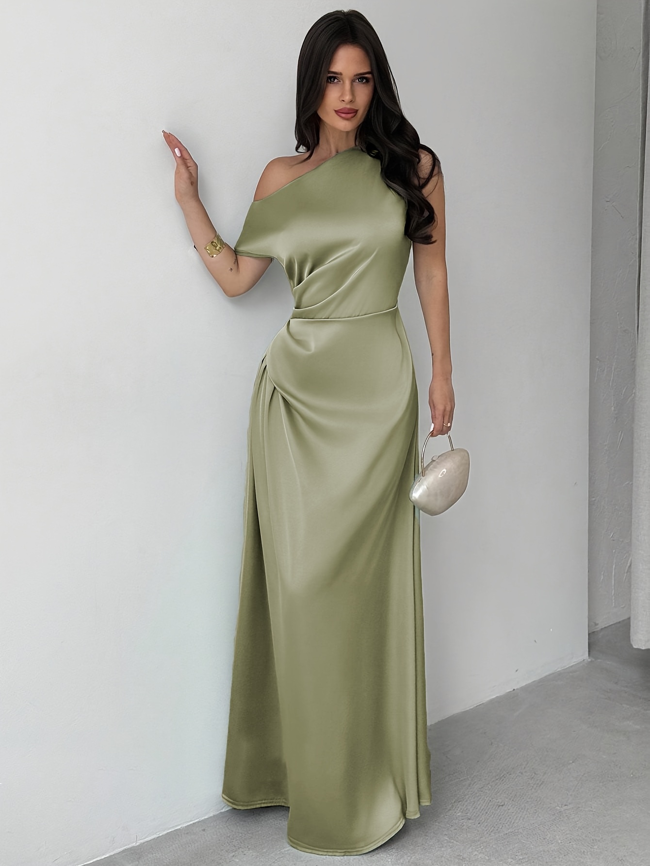 elegant green asymmetrical draped shoulder dress a cinched - Temu Mauritius