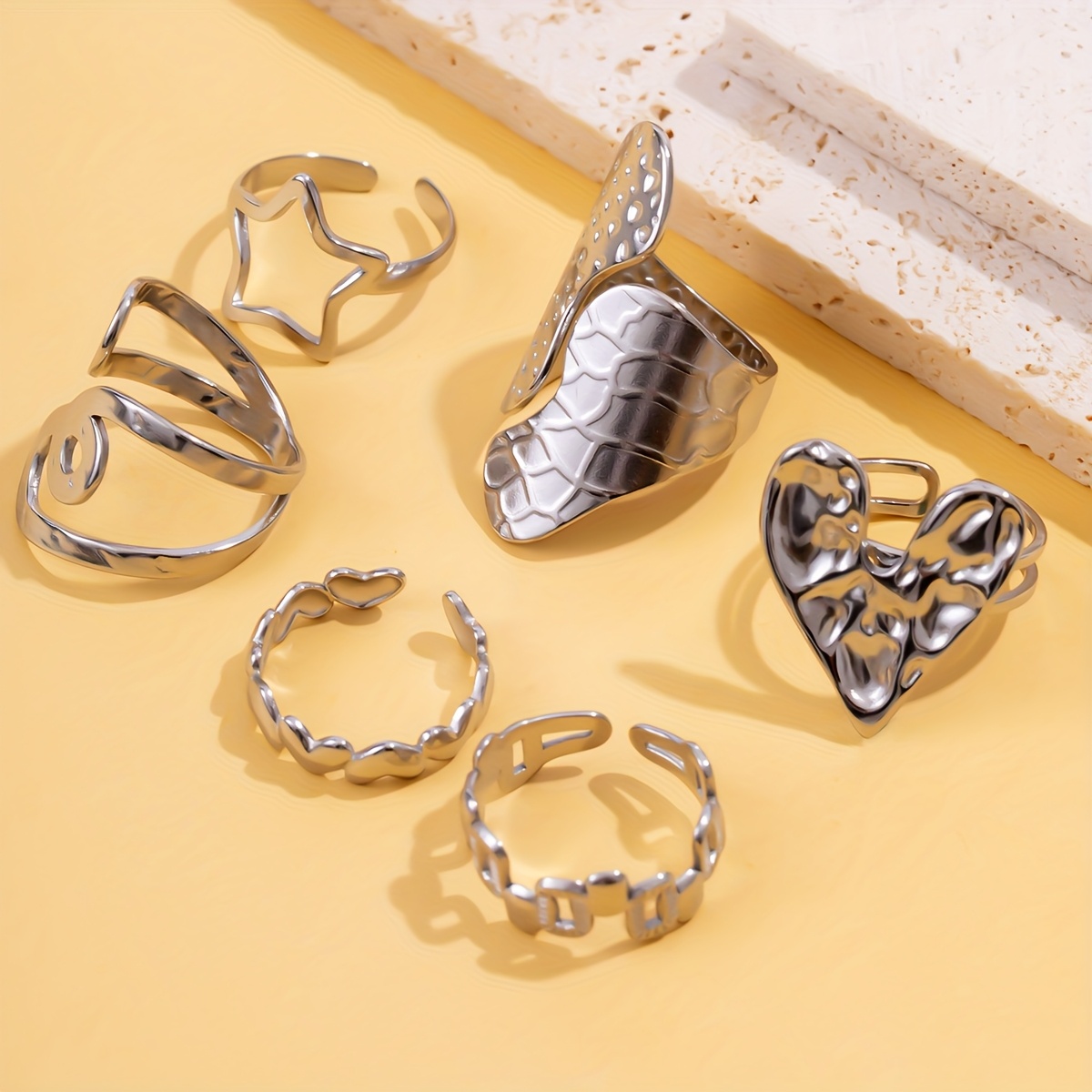 6pcs Minimalist Hollow Geometric Heart Stackable Rings