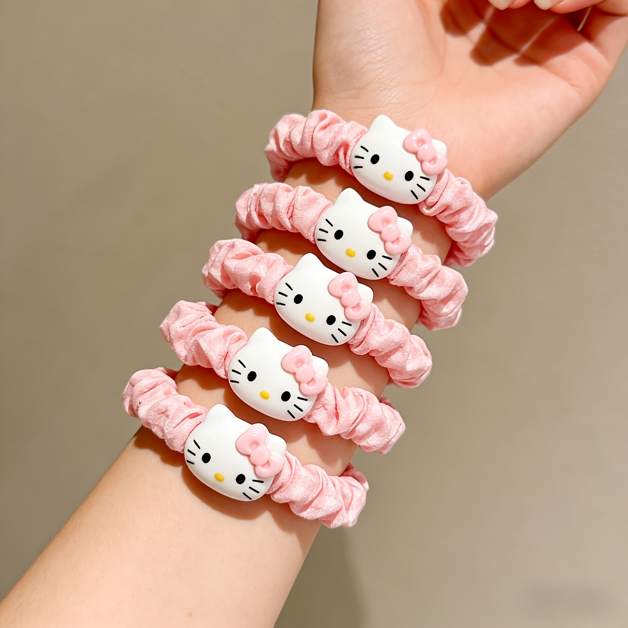Image of 5pcs Pink Ruched Small Hair Ties With White Hello Kitty Decoration, Hair Ties Feature Soft Velvet/fabric Ruched Design, Good Elasticity And