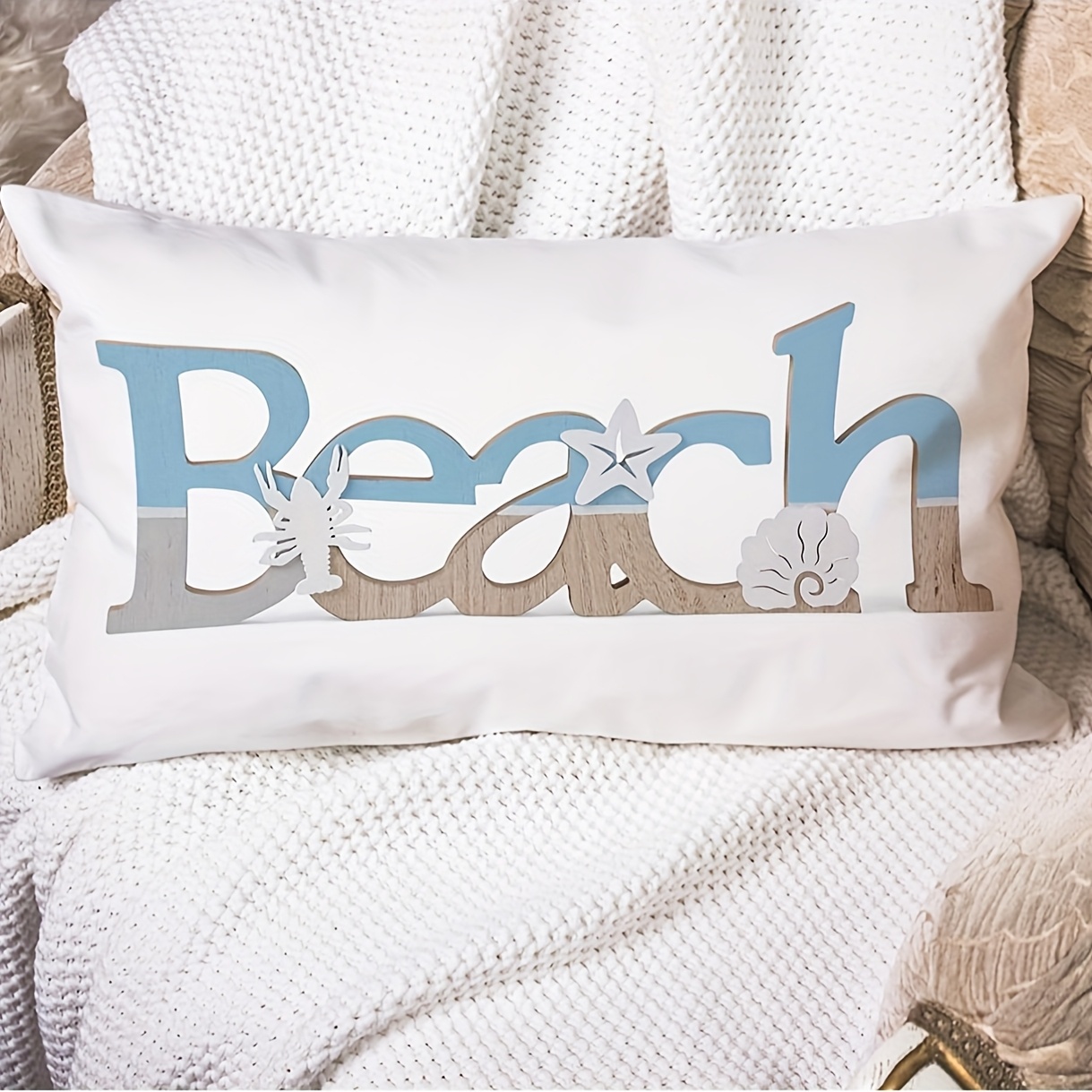 

1pc Coastal Beach Themed Pillowcase, 12x20 Inches, Polyester, Machine Washable, Zipper Closure, Woven Decorative Cushion Cover With Vintage Wood Lettering, Ocean Accents For Room Types