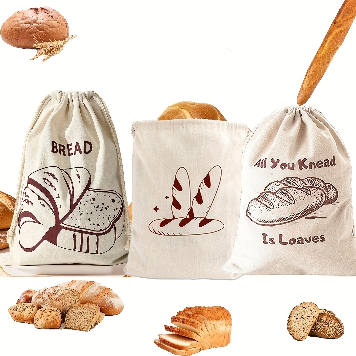 E-shop 3 Stück Leinen Brotbeutel für Brotbehälter Unbleicht & Wiederverwendbar Brot-Aufbewahrung, Natürliche Große Aufbewahrung für Handwerk-Brot,