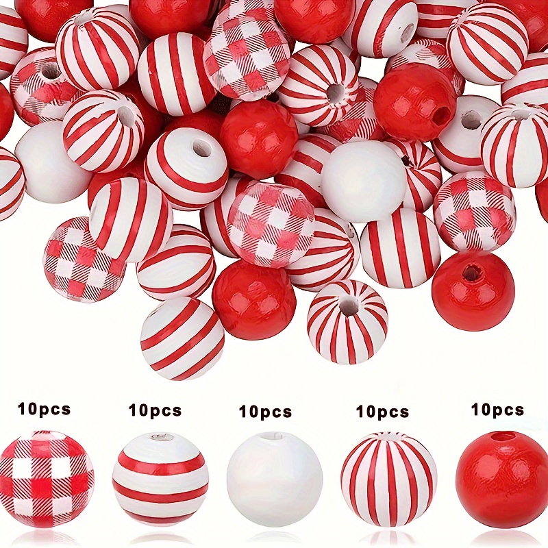 Image of 50 Mixed Wooden Beads In Red And White Colors For Christmas Home And Holiday Decoration