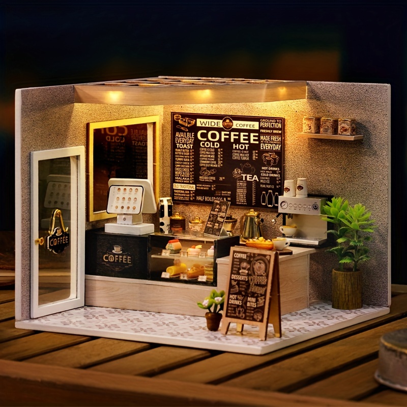 

Petit modèle de maison de café en bois à monter soi-même, kit de maison de poupée miniature avec meubles, décoration de la maison, cadeau de Saint-Valentin, cadeau d'anniversaire (sans colle/batterie)