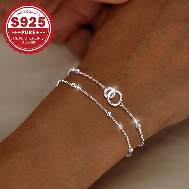 A Double-layer Circular Ring Bracelet Made Of S925 Sterling Silver With Cross-shaped Beads, For Her, Featuring A Unique And Luxurious Style, Hypoallergenic