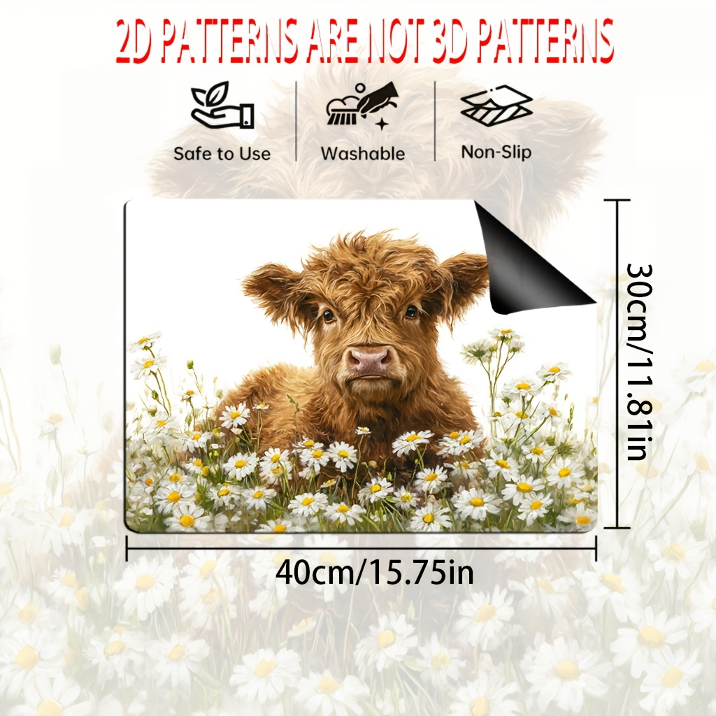 TEMU 1pc, 2d Flat Printed Stove Protector, Stove Top Cover Featuring A Highland Cow With Daisies, A Durable Polyester Table Decoration Suitable For