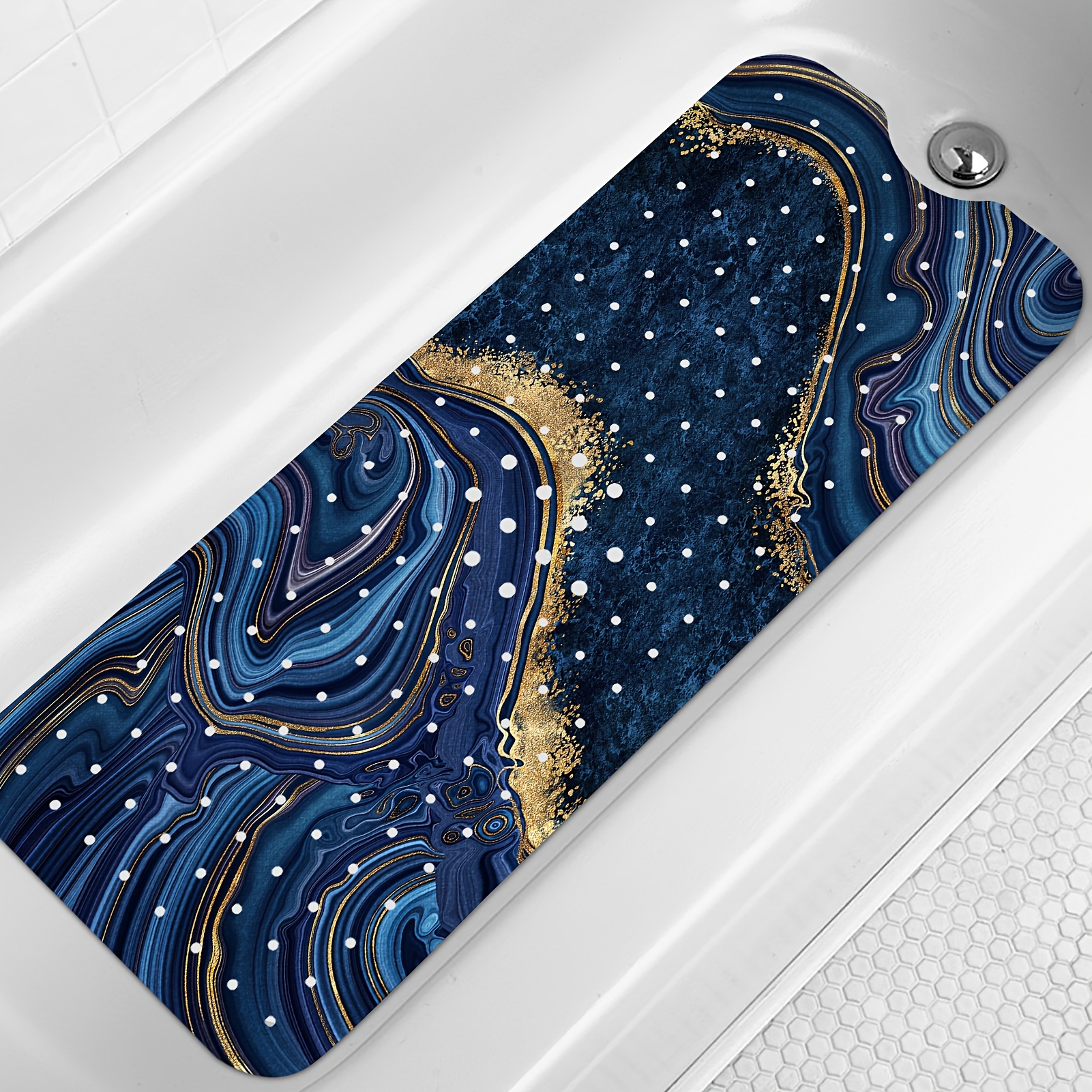 TEMU Marble Bath Tub Mat Non-slip, Extra Long 40 X 16 Inch Anti-slip Mat For Bathtub, Abstract Marble Shower Mat With Drain Holes And Suction Cups,