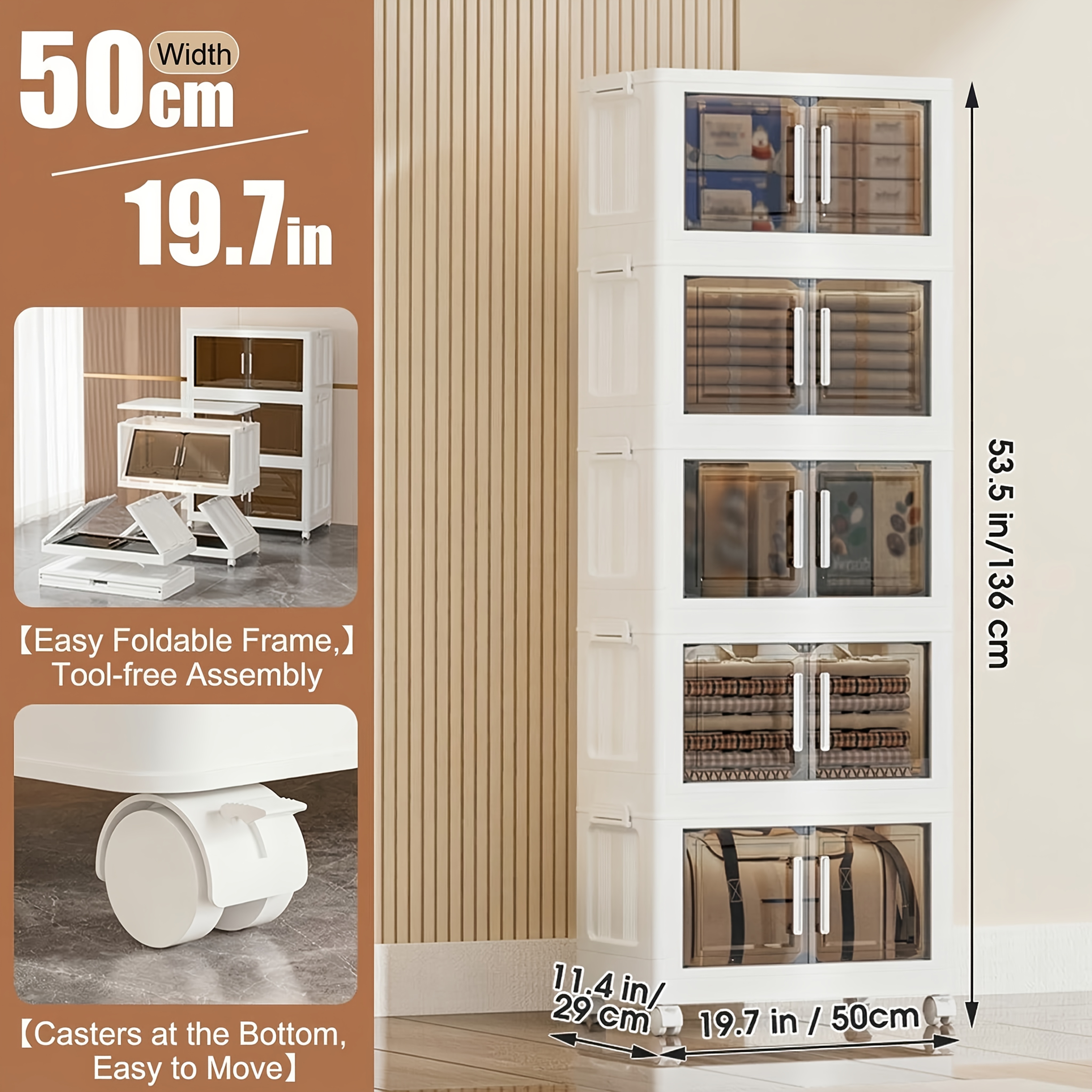 TEMU Organisateur en plastique empilable à 3/4/5 niveaux avec couvercles 50 cm, , pliable, armoire de rangement pliante pour bureau, cuisine, salon,