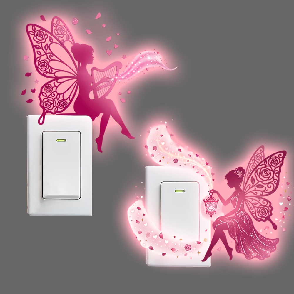TEMU Set pezzi adesivi da parete fosforescenti con fatina rosa e rosa, adesivo per interruttore, decalcomania decorativa da parete per presa con