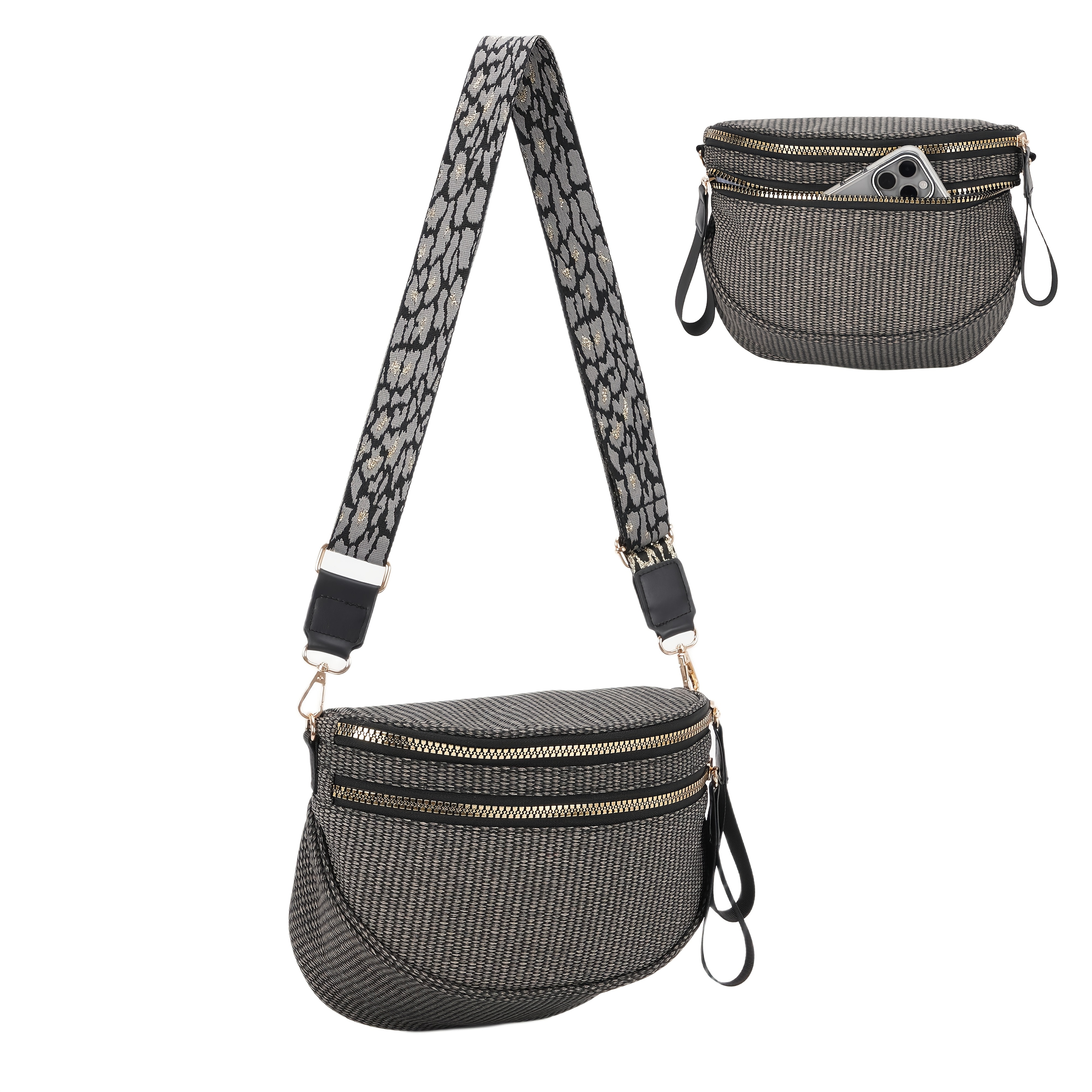 Image of Trendy Crossbody Women Anti Theft Pu Belt Bag, Soft Pu Material, Embossed , 5cm Wide Bohemian Adjustable Shoulder Strap, Smooth Zipper, Multi Layer Pockets For Phone Keys, Black Silvery Golden