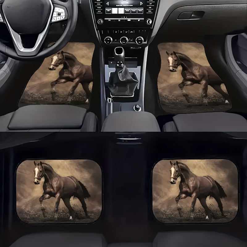 

4-piece Set Universal Fit Horse Print Car Floor Mats, Heavy Duty Front & Rear Mats For Women, Polyester Fiber Vehicle Floor Protection