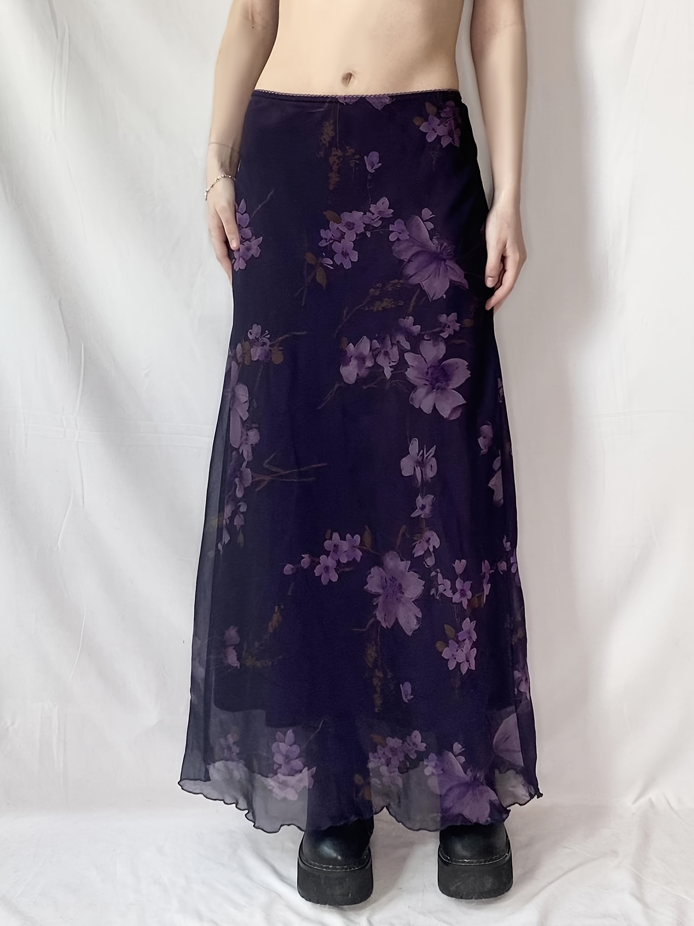 Women'S Elegant Low-* Floral Print Maxi Skirt with Sheer Overlay Purple  White Flowers, Design for Summer Streetwear, Casual to Formal Wear, Casual 