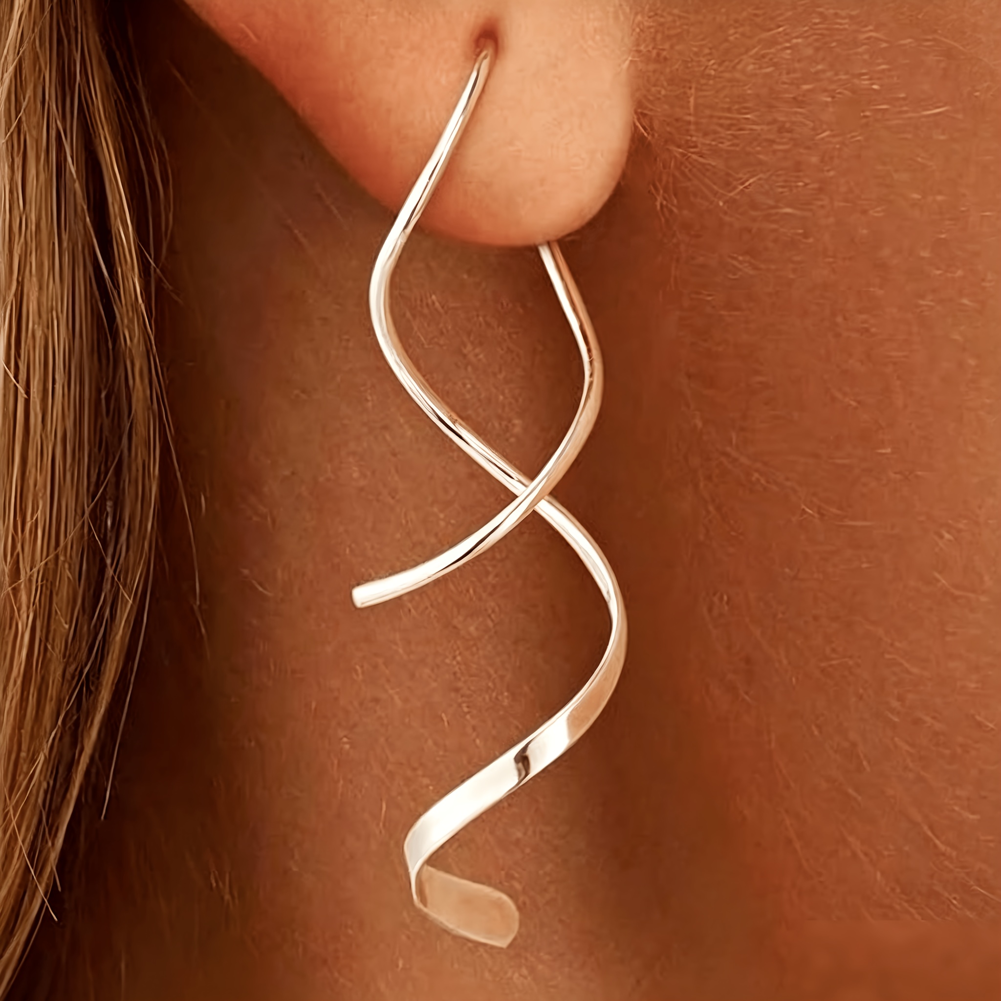 TEMU Boucles d'oreilles à fil céréales spirale ondulée, boucles d'oreilles longues dorées faciles et exquises, bijoux de mode, cadeau, convient pour
