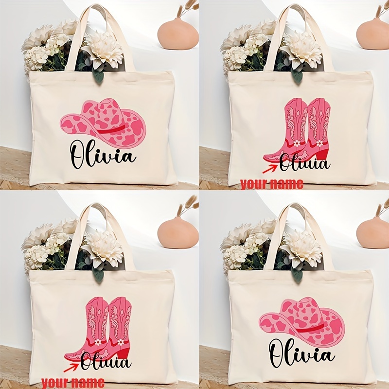 

Customizable Cowgirl Name Tote Bag - Shoulder Bag With Pink Boot Print, & Reusable For Travel, Daily , Shopping - Ideal Personalized Gift For Her