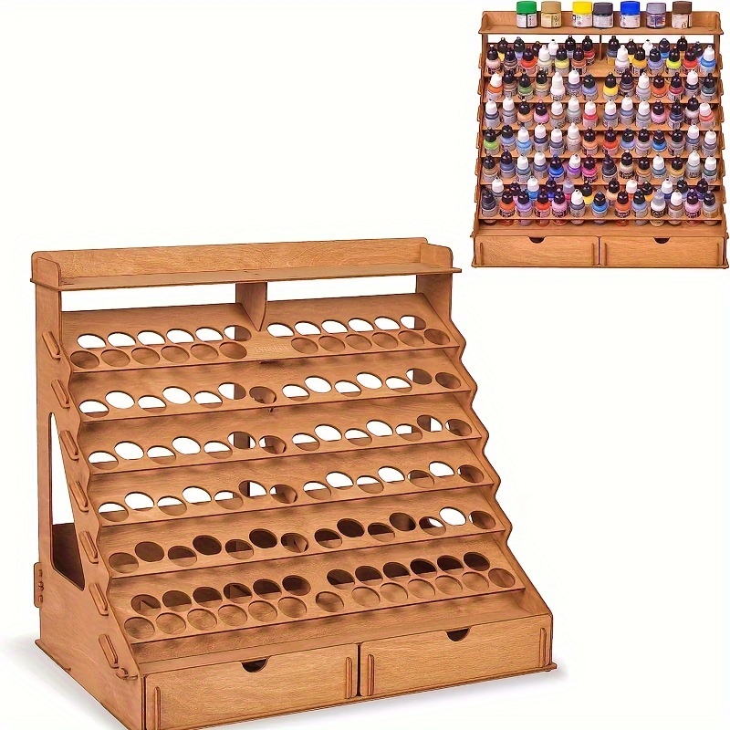 

Artist Paint Rack Organizer - Multi-layer Wooden Storage For Various Colors & Types, Space-saving Design With Round Recesses For Bottle Protection, Ideal For Painters & Craftsmen