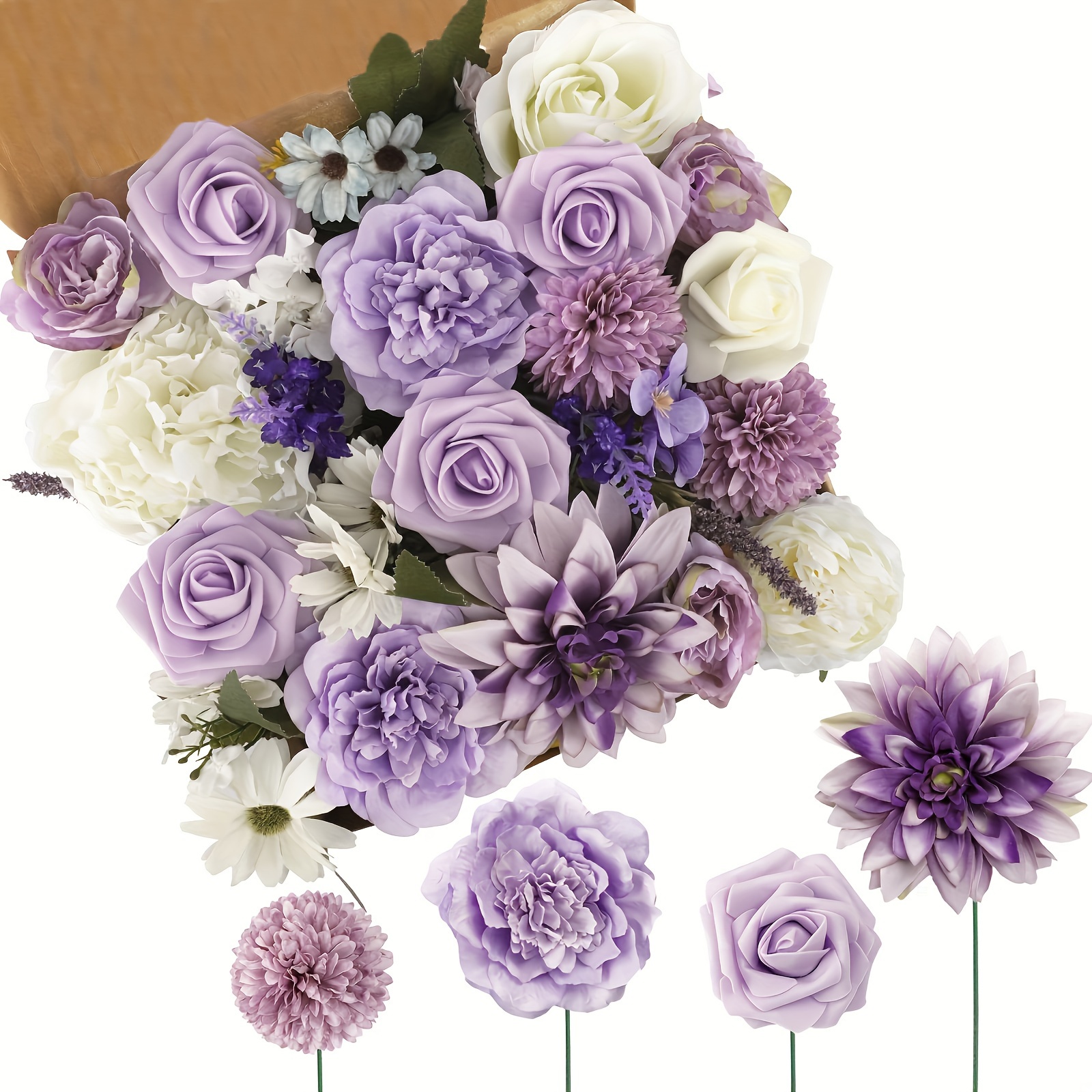 

1pack, Artificial Purple Flowers Combo For Diy Wedding Bridal Bouquet Fake Silk Flowers Heads For Centerpieces Arrangements (purple&white)