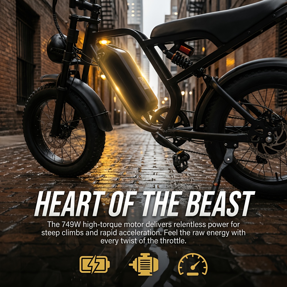 749W Peak Motor 48V 15AH Electric Bike with 37-Mile Range, 27.9 MPH, 20" x 4" All-Terrain Tires, Front Suspension, 7-Speed Shimano, Hydrauli