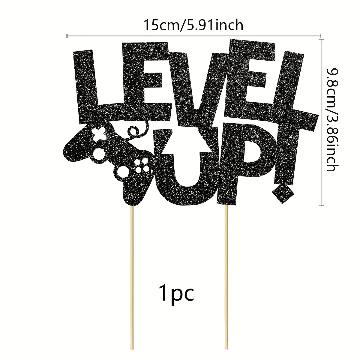 1pc Black Glitter Level Up Cake Topper Video Game Theme Birthday Party Cake Pick Decoration For Birthday Party Supplies