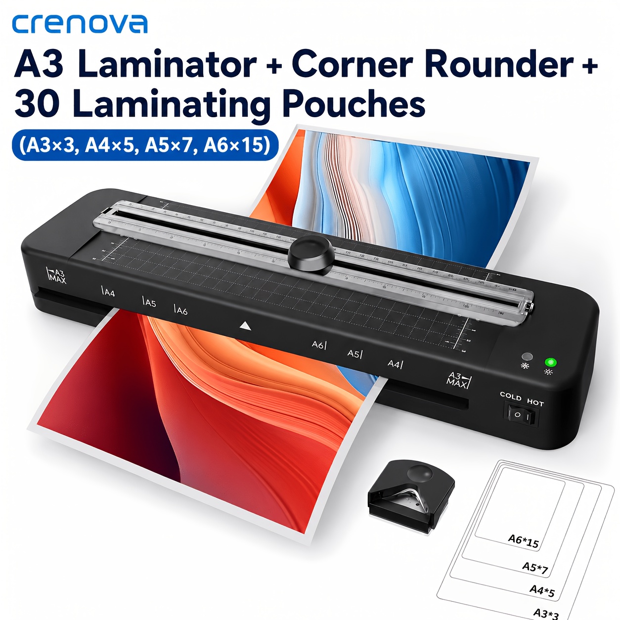 Image of Crenova Laminator A3 Black With Magnet With Corner + Of Film ((a3*3, A4*5, A5*7, A6*15)) Suitable For Home Office, Gifts Protect Photo Files