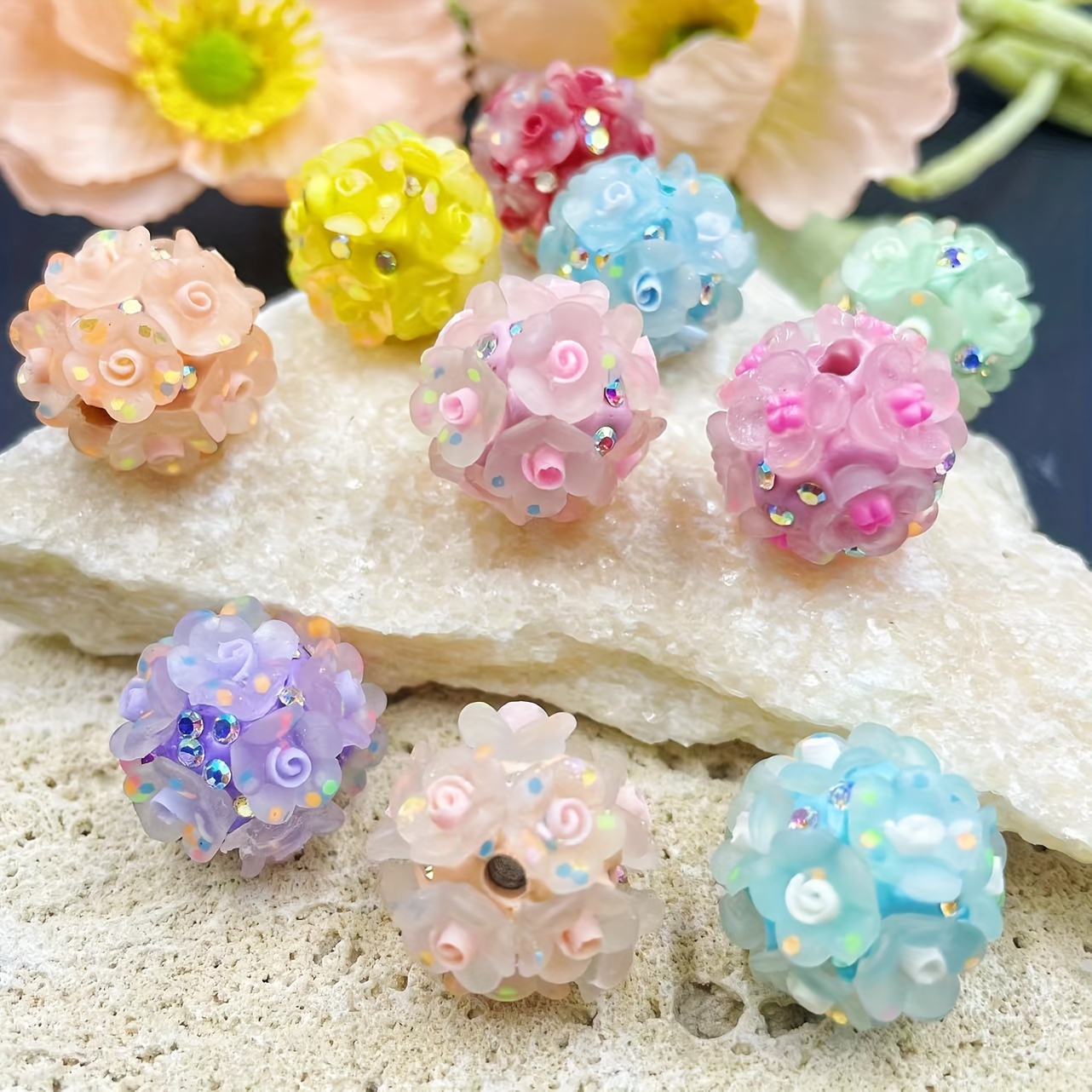 

10pcs Flower Beads, Soft Ceramic, Suitable For Handmade Pen Jewelry Keychains, Diy Bead Mixed Colors, 18mm