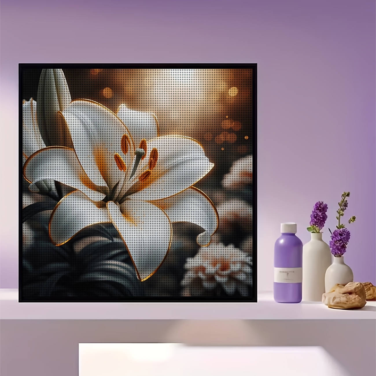 Cross Stitch Printed Kit, Frameless, White Lily Flower with Golden Stamen Design