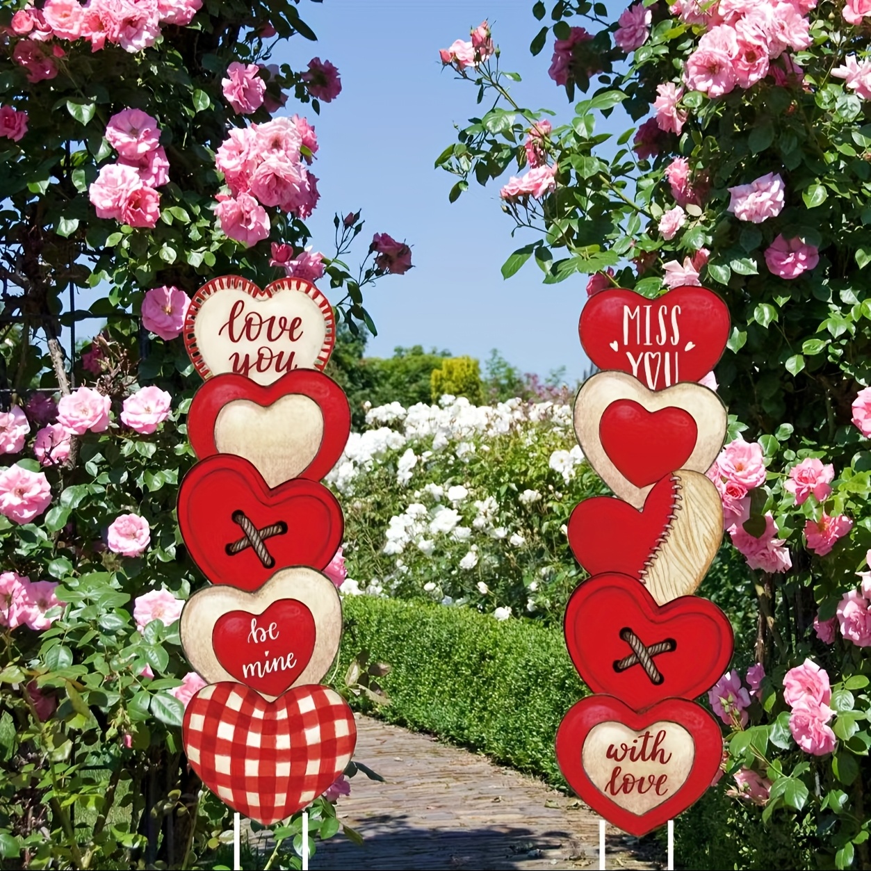 

Valentine's Day Garden Decorations - 2pcs Romantic Heart-shaped Yard Signs You & Be Messages, Red And White Checkered Outdoor Lawn Ornaments For Home, Pathway, Wedding Anniversary Celebrations