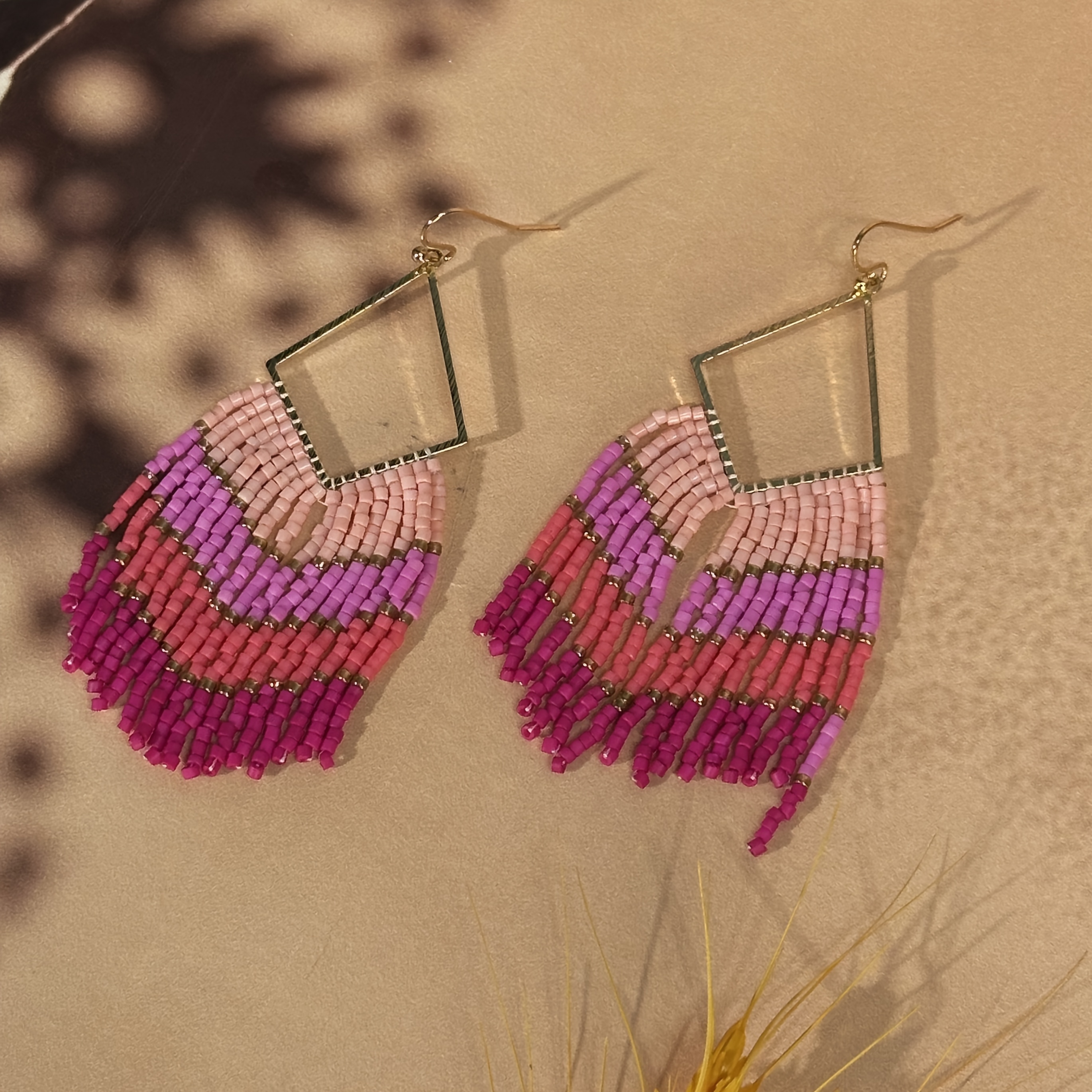 Women's Handmade Beaded Tassel Earrings, Rhombus Frame
