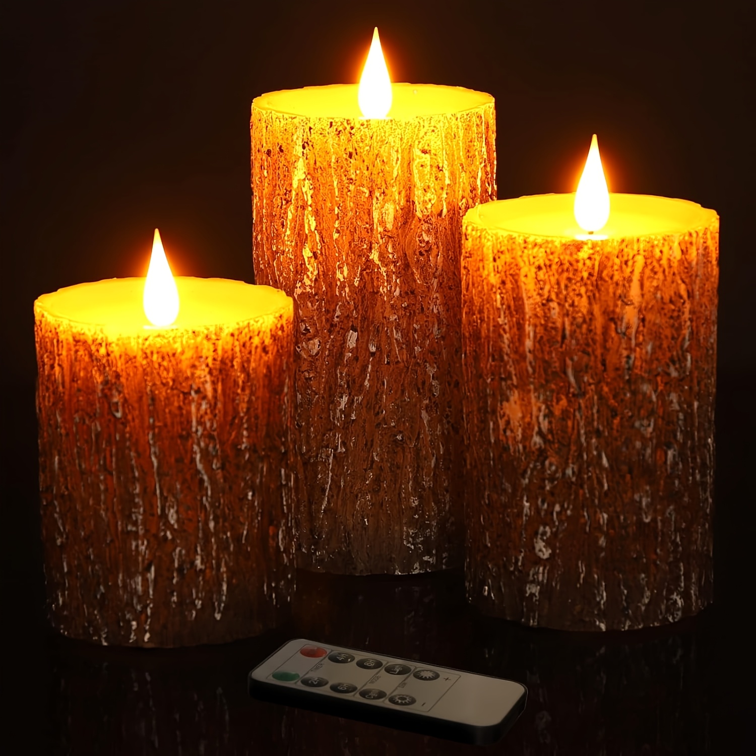 TEMU 3pcs Flame- Candle Lights With Remote Control; Pine Bark Led Candles; Ideal For Christmas, Halloween, And Wedding Decorations; Perfect For A