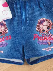 girls outfit princess cartoon print short sleeve top imitation denim leggings shorts set casual 2pcs summer clothes details 2