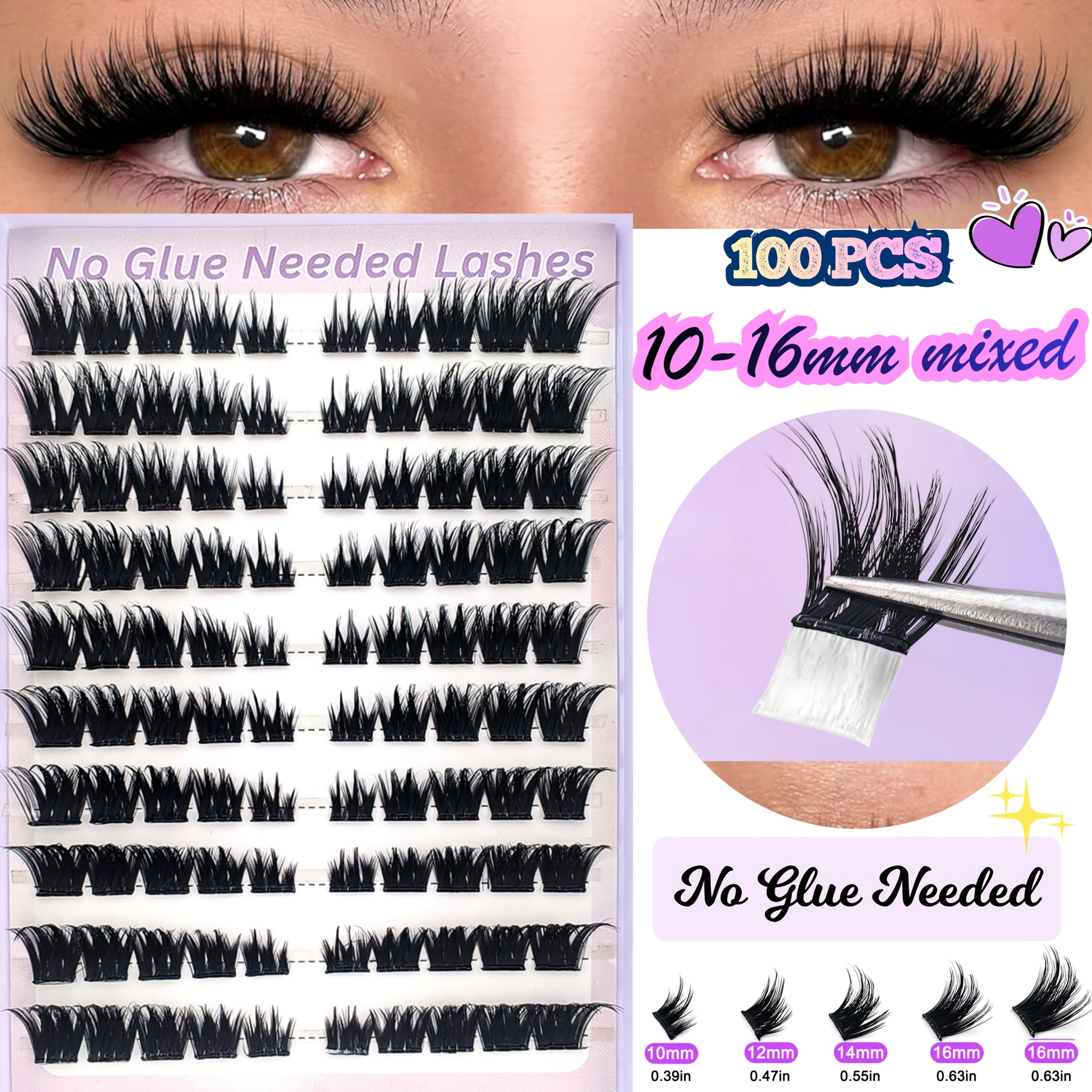 Image of 100 Clusters, Glue-free, Self-adhesive False Eyelash Clusters, 3d Fluffy, Mixed Length (10-16mm), Tail Extension False Eyelash Clusters, Soft, Dense, , , Cross-cross, Natural, Suitable For Occasions