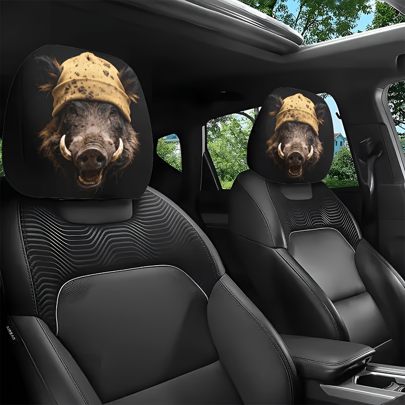 Image of 2pcs Hip-hop Style Wild Boar Print Car Headrest Covers, Interior Decoration, No Material Filling, And Clean, Suitable For Road Trips And Self-driving Tours, Personalized And Fun Combinations, A Unique