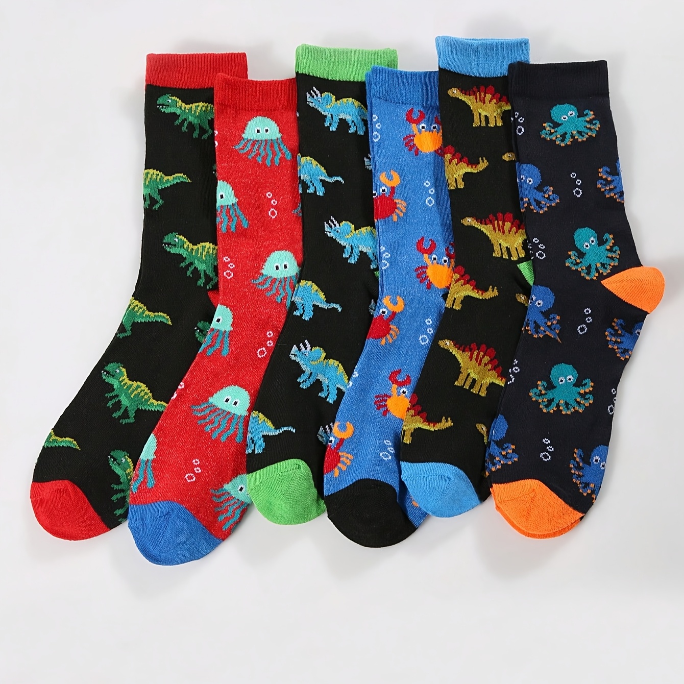 E-shop 3/6 Paar Herren Marine Dinosaurier Cartoon Socken | Atmungsaktive, bequeme Freizeitsocken für Reisen & Outdoor