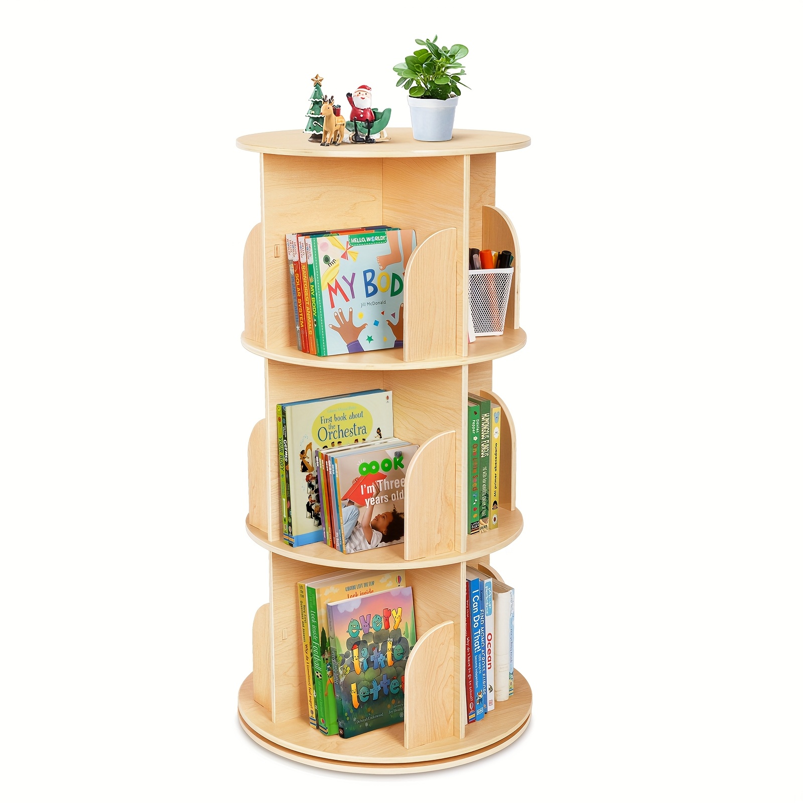 Kids Rotating Bookshelf Tower with 360° Spin, Large Floor-Standing Bookcase with Corner Shelf for Nursery, Room, Small Spaces – Easy Assembly, Wood Color, Plywood/Pine/MDF, – Rounded Edges
