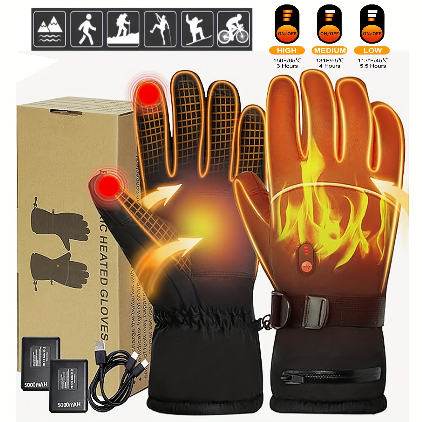 TEMU 1 Pair Usb Rechargeable Heated Gloves, 5000mah Battery Heated Gloves, Unisex Winter Gloves For Men And Women, 3 Temperature Adjustable, Electric