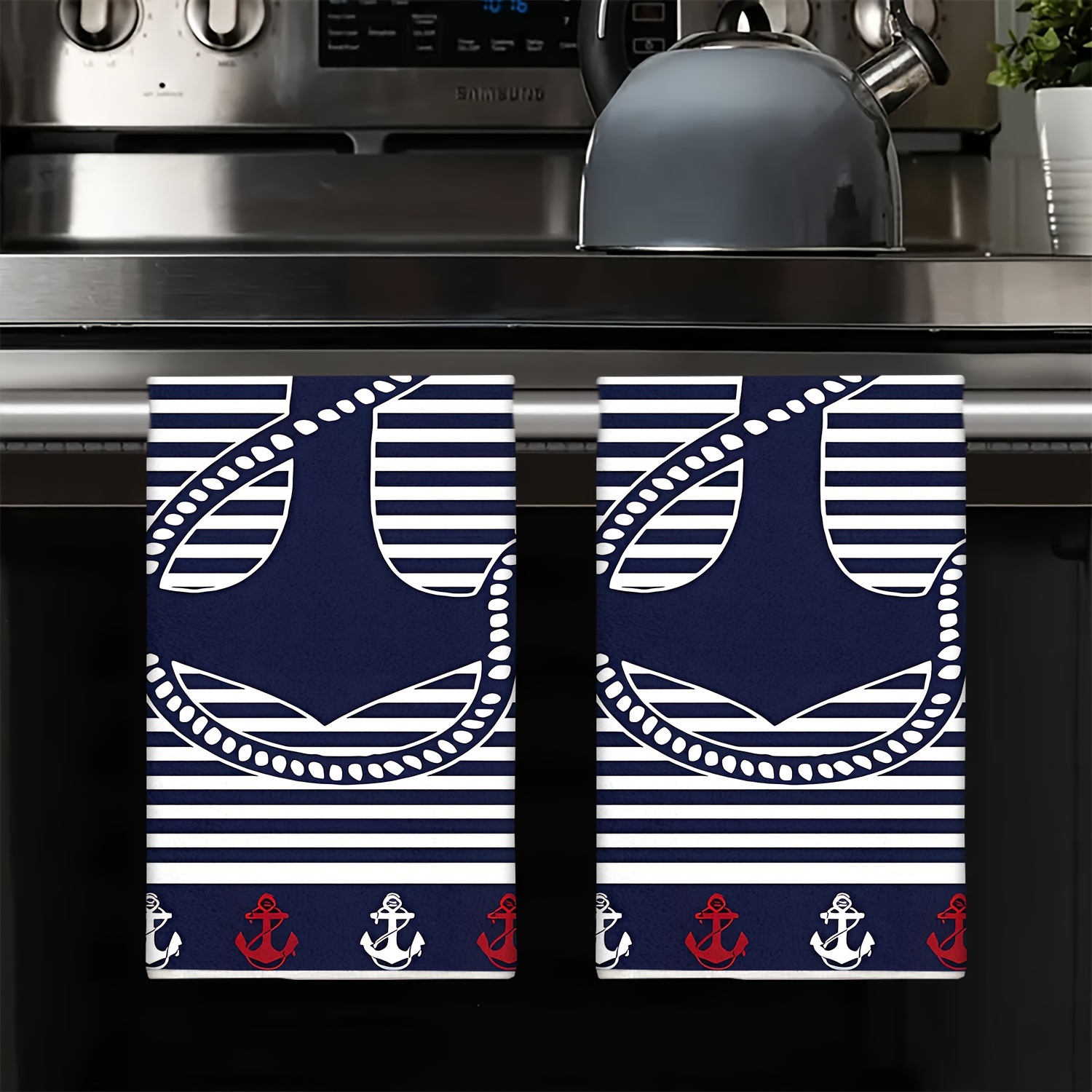 2pcs Coastal Anchor Kitchen Towels - , Absorbent Polyester Dish Cloths For Cooking & Cleaning, Machine Washable