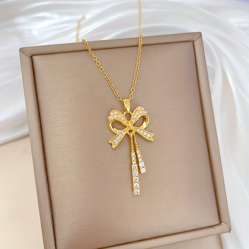 Image of Stainless Steel Zirconia Fringe Bow Pendant Necklace For Women New Luxury Clavicle Chain Jewelry Gifts