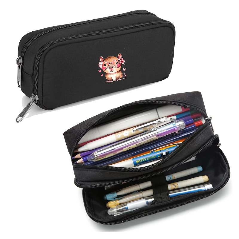 1pc cartoon printed double layer   case wearing heart shaped   glasses accessory pink   cute capybara with     stationery storage bag lightweight and portable pencil box suitable for office