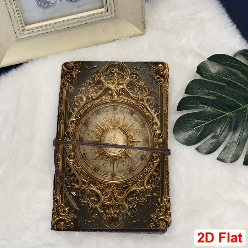 TEMU Carnet A6 à fermeture par nœud vintage, 80 feuilles, cadeau pour des réunions d' d'entreprise, avec motif astrolabe encadré plat 2D doré