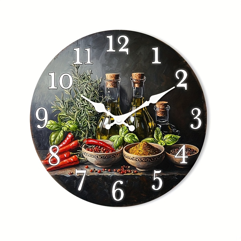 E-shop 1 Stück leise Wanduhr, die nicht , mit einem dekorativen runden Design mit Kräutern und Gewürzen, geeignet für Küche, Schlafzimmer, Wohnzimmer,