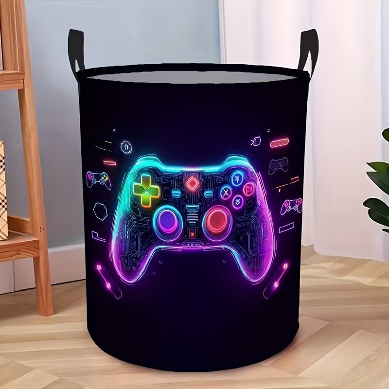 TEMU 1pc Neon Gamer Design Collapsible Laundry Basket, Room Hamper For Clothing And Miscellaneous Items, Organizer Bin For Bathroom And Closet Use,