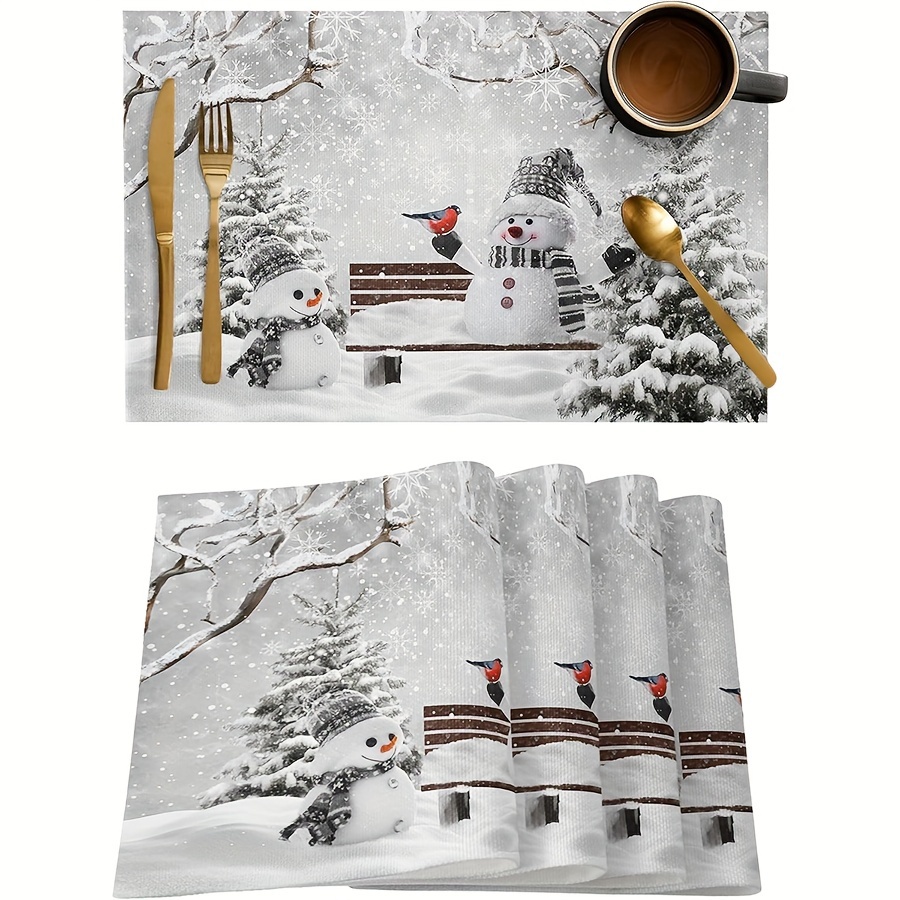 

4pcs Placemats, Winter Christmas Placemats, Cute Snowman Table Place Mats, Grey Snowy Pine Forest Table Linens, Party Holiday Decor For Kitchen Dining Outdoor Indoor, Home Supplies