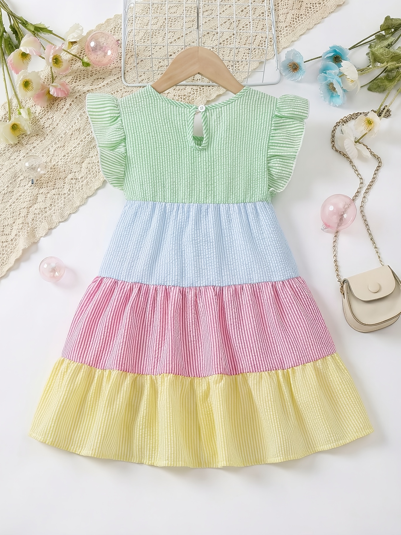 open lace back dress Rainbow Pastel Ombre 3 4 Sleeve Summer Sundress, Colorful Pink Purple Tie Dye Gradient Beach Party Three Quarter Dress XL main image 1