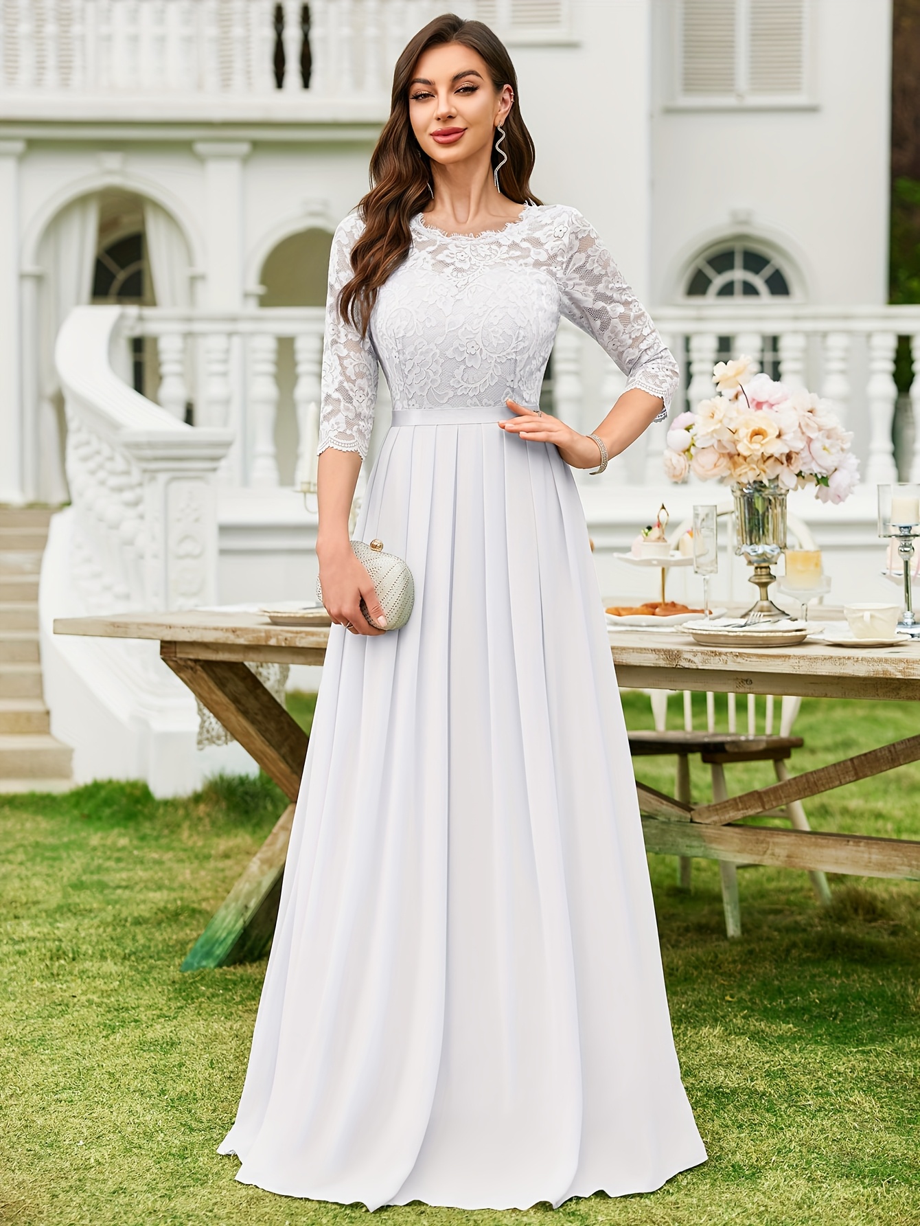 knee length dresses for ladies Mother of The Bride Long Formal Lace Chiffon Dress main image 1