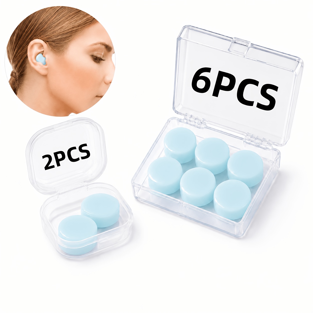 TEMU 8pcs(6pcs And 2pcs)moldable Silicone Earplug Set, Reusable Soft Earplugs For Swimming, Air Travel, Reading& Daily Rest, , Portable Storage