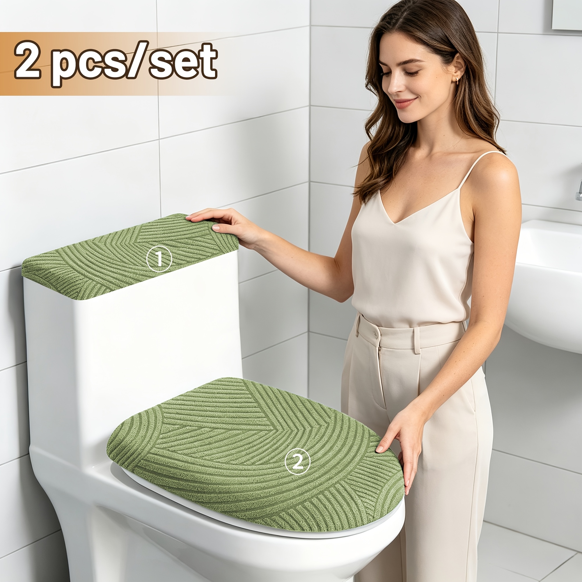 TEMU 2pcs Set Stretch Toilet Cover, Toilet Seat Cover And Tank Cover, Elastic Fabric Toilet Cover Set, Suitable For Bathroom Toilets, , Machine