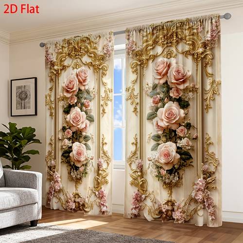 2d flat 2pcs european rose theme curtain set high quality room decoration curtains for valentines day 2d flat